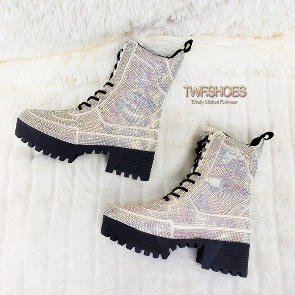 Cape Robbin Shoes - Iridescent Rhinestone Combat Ankle Boots Bling